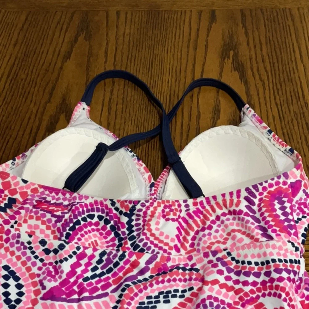Swim bathing suit top pretty in pinks & purples with navy blue trim size 8